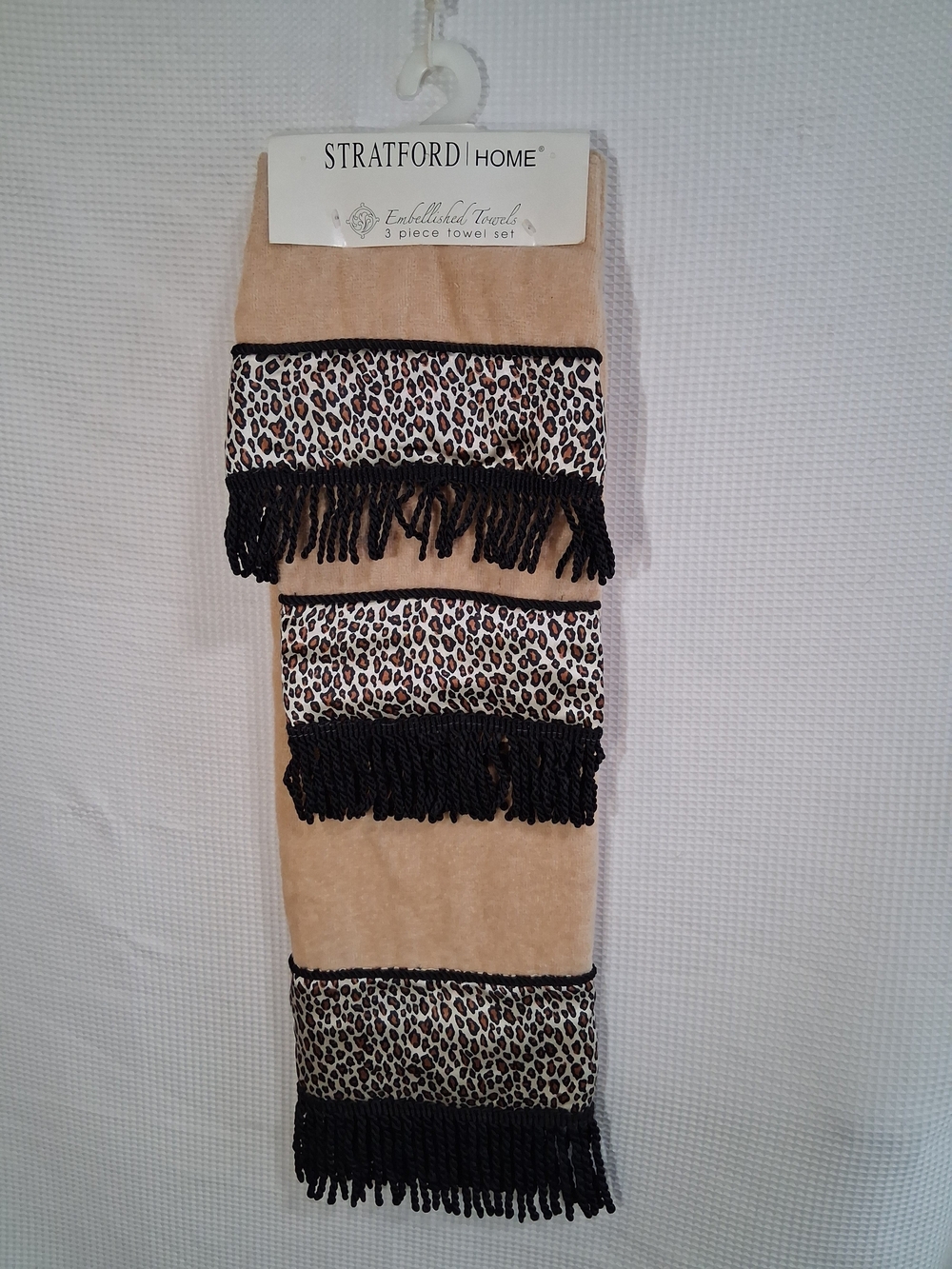 Beige Leopard-Trim Scarf with Black Fringe